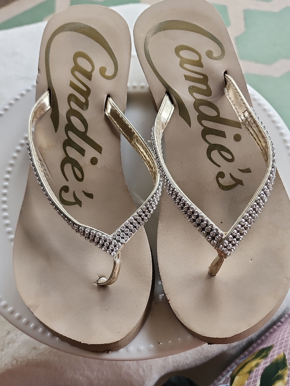 Candie's Gold Rhinestone Thong Sandals